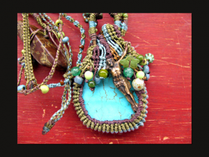 micro-macrame turquoise blue and green necklace pendant by the beading yogini